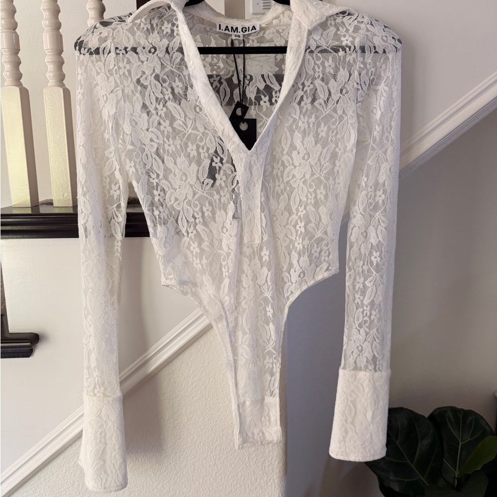I.AM.GIA White Sheer Lace V‑Neck Long Sleeve Bodysuit